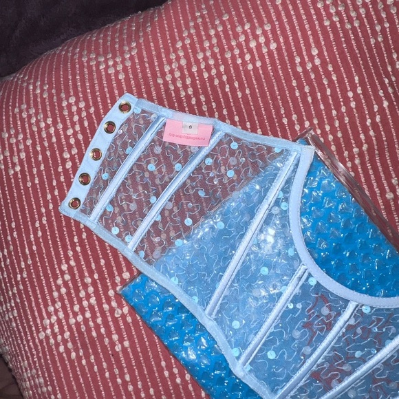 Small Blue Mesh Rhinestone Underbust Corset - Picture 4 of 7